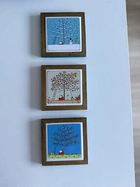 Vintage 1984 Lillian Vernon Seasonal Ceramic Tiles in Wood Frames Set of 3